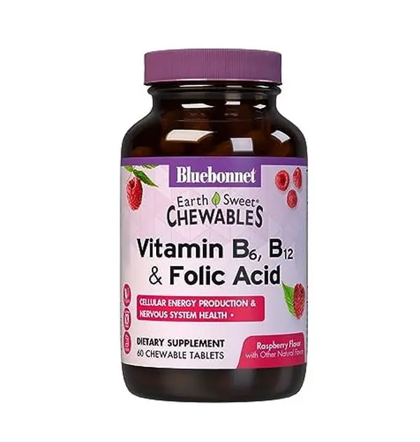 Bluebonnet Nutrition Earth Sweet Vitamin B6, B12, Plus Folic Acid Chewable Tablets, Vegan, Vegetarian, Gluten Free, Soy Free, Milk Free, Kosher, 60 Chewable Tablets, Raspberry Flavor