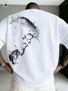 Unisex Thorn Crown Jesus Sketch Print Short Sleeve T-Shirt, Dark Religious High Street Loose Cotton Top, Summer Streetwear Trend