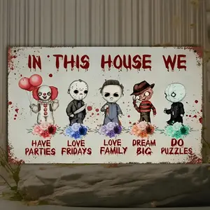 2D Flat - Vintage Horror Movie Themed Wooden Wall Sign - "In This House We Have Parties, Dreams, and Family Big Puzzles" - Decorative Home Decor Plaque with Playful Cartoon Characters, Red Flowers, and Balloons, Party Decor|Playfu