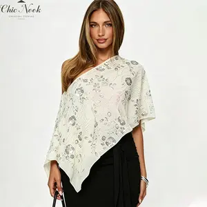 Women Poncho Tops Fashion Off One Shoulder Sequin Floral Decor Loose Fit Summer Cover Up Shawl Wrap