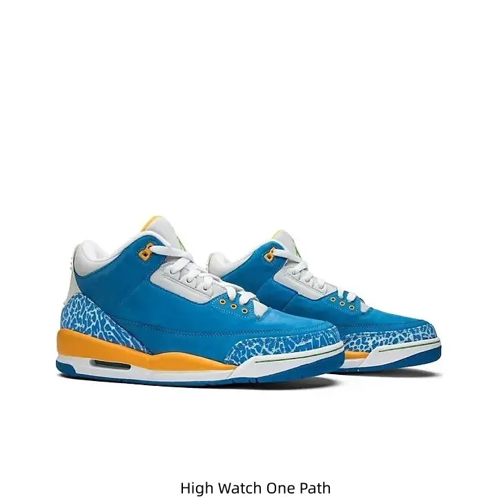Blue Yellow Two-Tone Leather Mid Top Jordan Casual Sneakers White Elephant Print Side Panel Yellow Jumpman Logo Air Cushion Blue Rubber Outsole Daily Walking Trainers for Men Women Street Fashion