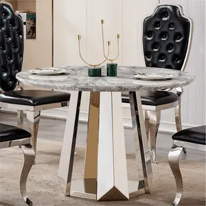 47" Round Marble Dining Table, Modern Kitchen Table with High Gloss Faux Marble Tabletop and Stainless Steel Base for Dining Room, Kitchen (Sliver,Gray)(only table)