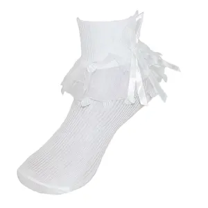 CTM Girls' Lace Ruffle Anklet Sock with Pearl Accent