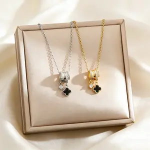 Lucky Four-Leaf Clover Pendant Necklace High-End Light Luxury Simple Versatile Micro-Inlaid Zircon Titanium Steel Collarbone Chain