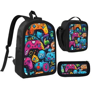 Cartoon Game Controller Backpack With Lunch Box Pencil Case 3 In 1 For Boy Girl Teen Schoolbag Lightweight Large Capacity 600D Oxford Cloth Adjustable Straps Comfortable Mesh Back Cushioning backpack goals-C