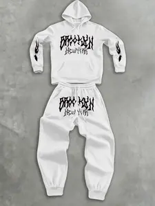 Men's Lightning Print Hoodie Set, 2 Piece Casual Sportswear, Drawstring Pants, Fall & Winter, Fitted Regular Length, Letter Pattern, Streetwear Tracksuit Set