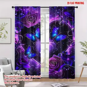 2-Piece set, bright purple floral butterfly print curtains, semi-shading for privacy, rod pocket design, suitable for bedroom, living room and glass door home decoration, room decoration, Window Curtain