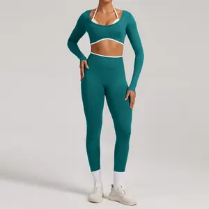 Seamless trimmed yoga set for women, hollow-out beautiful back, high-waisted fitness wear, sports workout set