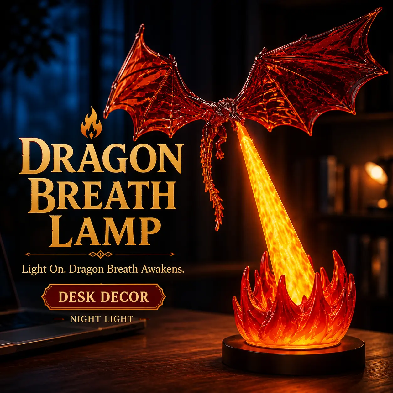 Dragon Breath Night Light, 3D Fire Dragon LED Lamp, Fantasy Desk Decor, Gaming Room Light, USB Powered Nightstand Lamp, Dragon Gift for Men, Gamer Room Accessories, Blue Orange Flame Ambient Light
