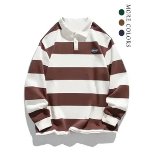 Men's Casual Striped Polo Shirt, Button Collar Design, Fashion Patched Logo, Loose Fit Style, Perfect Daily Wear & Streetwear ChoiceGift