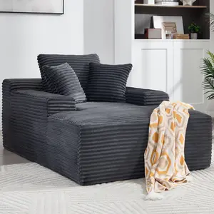 67" Boneless Corduroy Chaise Lounge Sofa Chair w/ 3 Soft Pillows, Oversized Deep Seat Sleeper Sofa with Wide Armrest, Compressed Sofa Bed for Indoor, Living Room, No Assembly Required, Dark Gray
