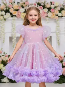 Girls' Elegant Long Dress, Short Sleeve Princess Tutu Dress, Bow Bubble Sleeves, Birthday Party Hostess Evening Gown