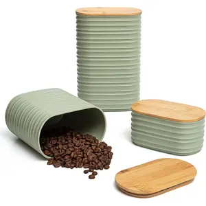 Olive Green Canisters Sets for the Kitchen – 3-Piece Airtight Plastic Sugar Container Set with Bamboo Lids in Three Different Sizes – Decorative Modern Storage Jars for Coffee &Tea
