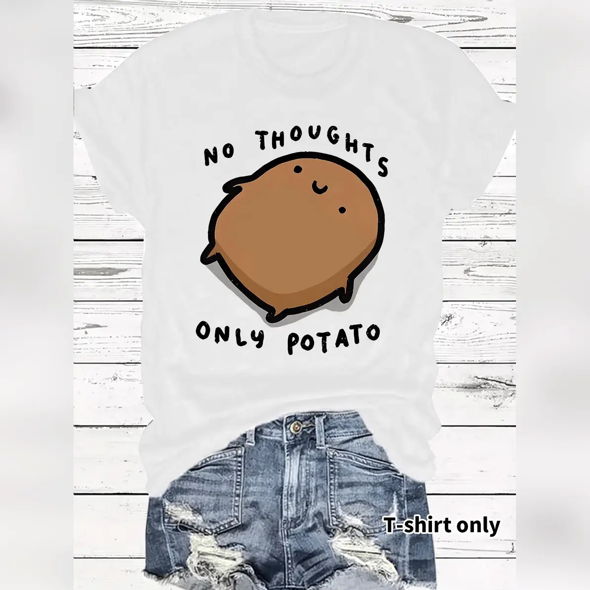 Women's Graphic T-Shirt with 'No Thoughts Only Potato' Print, 100% Cotton Relaxed Fit Short Sleeve Top for Casual Streetwear, Shortsleeve, Printed, Soft Cotton, Round Neck, Clothes, Cold Wash