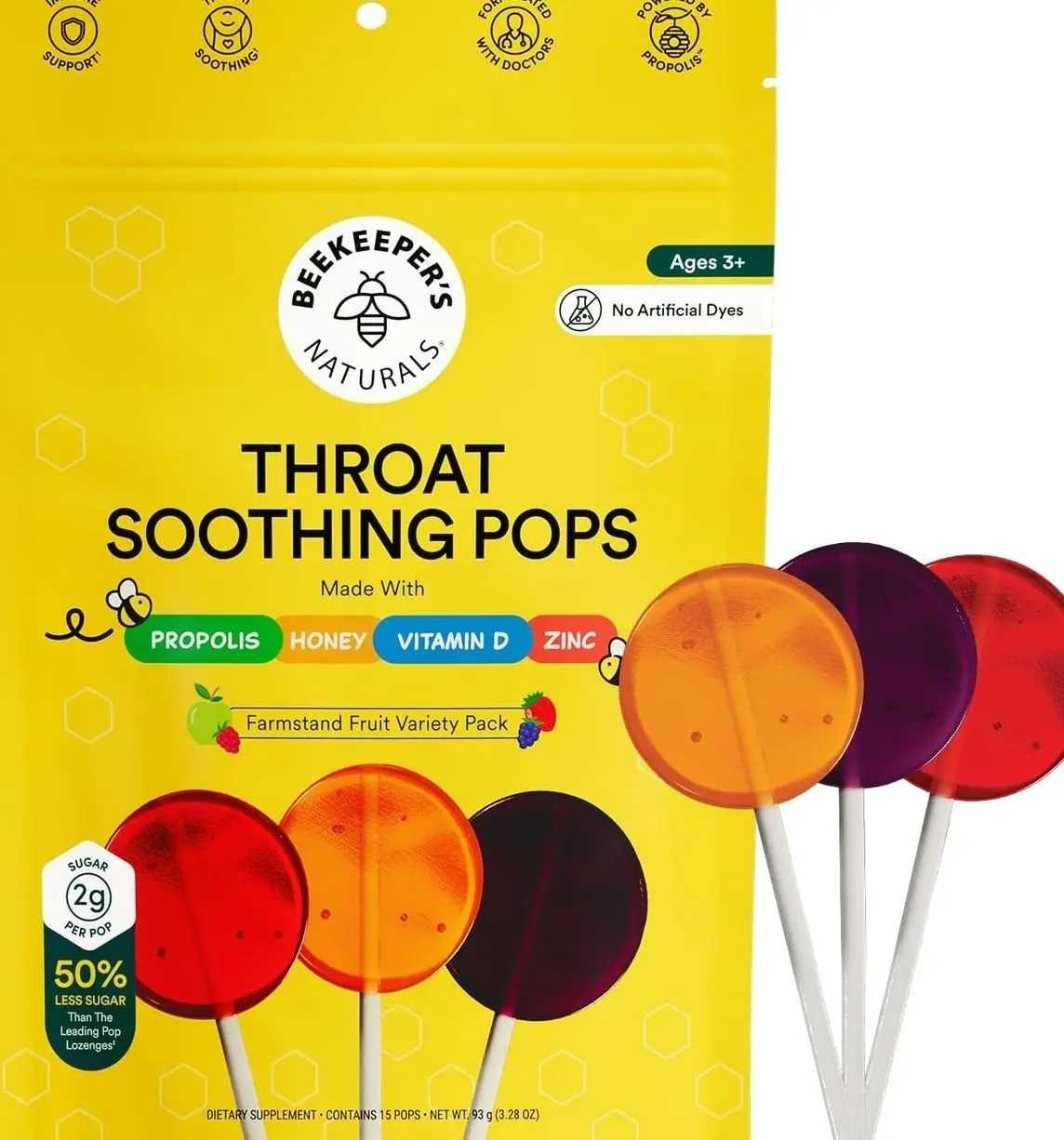 Kids Throat Soothing Lollipops by Beekeeper's Naturals - Doctor Formulated Immune Support, Vitamin D & Honey, Under 2g Sugar, Clean Ingredients,15 ct