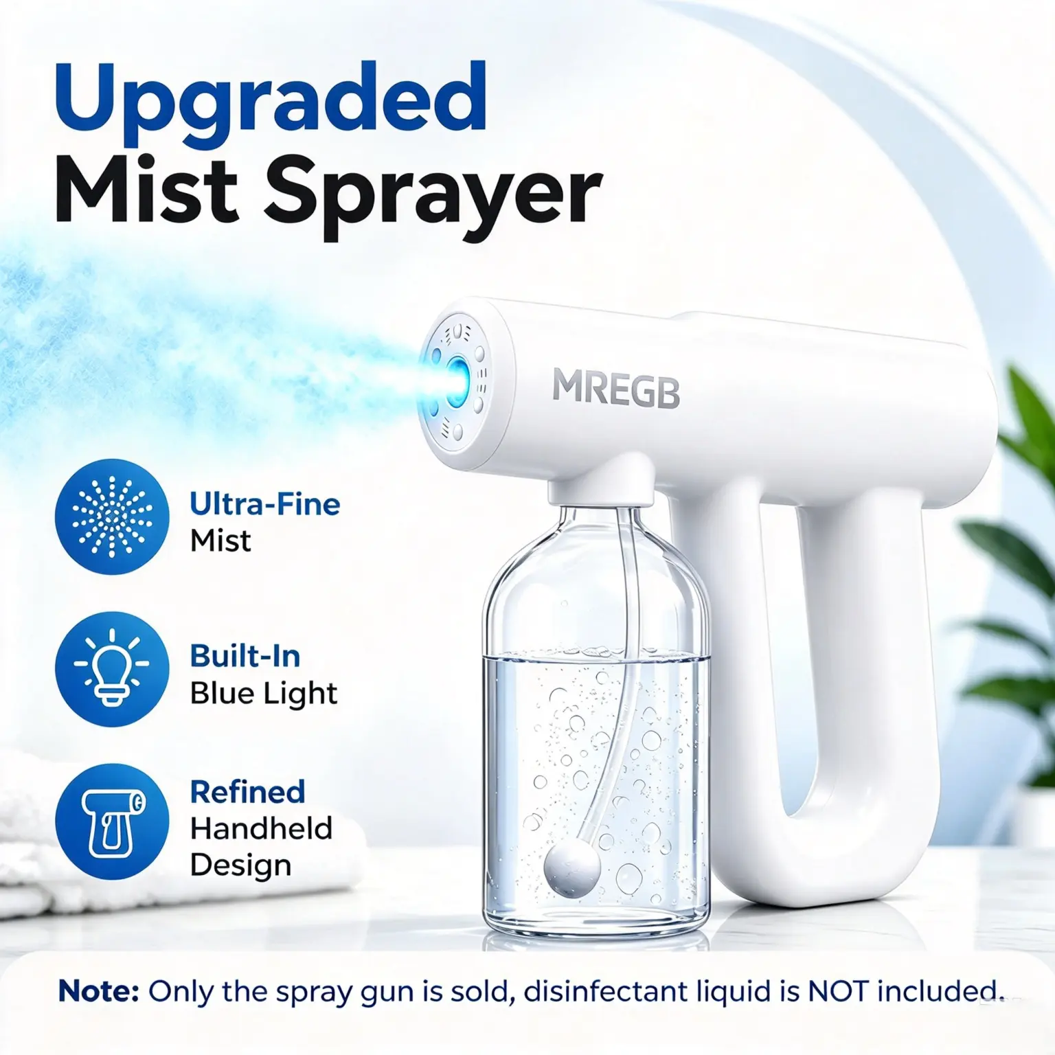MREGB Professional Nano Spray Gun & Blue Light Nebulizer, ONLY THE SPRAY GUN, NO DISINFECTANT LIQUID INCLUDED. Cordless Rechargeable Fine Mist Atomizer. Portable Disinfectant Sprayer for Barber, Salon, Home Cleaning & Car Interior