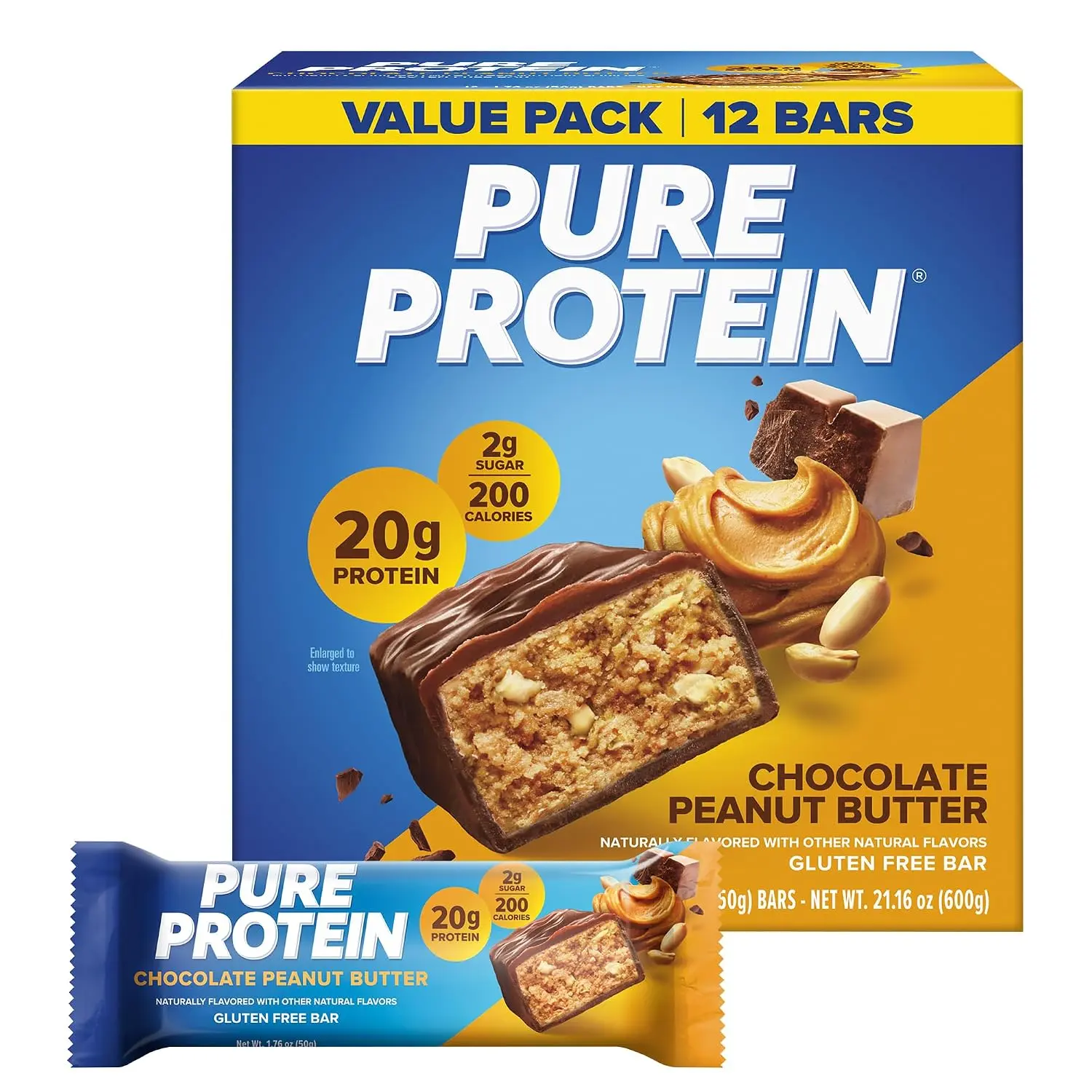 Pure Protein Chocolate Peanut Butter Flavor Bars - 12 Count, 1.32 lbs, 20g Protein, 3g Sugar, 190 Calories, Low Sugar, Gluten Free, Nutritious Snack