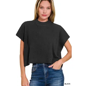 Zenana Viscose Mock Neck Short Sleeve Boxy Sweater