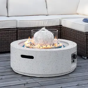 Outdoor Propane Fountain Fire Pit Table, 29.3-inch 50,000 BTU Firepit Round Terrazzo White Patio Heater, Stainless Steel Burner,Fire Glass, Rain Cover
