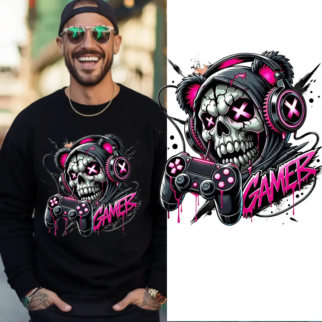 Gamer Skull DTF Transfer - Gaming Vibes - Level Up · Hardcore · No Respawn - Suitable For T-shirts, Bags & Fabric Decor, Washable Iron-On Stickers, Gamers Heat Transfer Decals