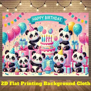 2D Flat, 1pc Panda Birthday Party Backdrop Banner - Vibrant Pink & Blue Polyester Decoration with Balloons, Cupcakes, and Gifts for Indoor/Outdoor Celebrations, Photo Booths, and Live Events, Panda Party Decorations, Indoor Outdoor Decor, Playful
