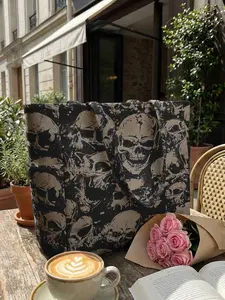 Skull Pattern 2D Printed Travel Bag, Large Capacity Storage Bag, Durable Multi-Pocket Design, Zipper Closure, Suitable for Work, Shopping, Picnic, Multifunctional Portable Bag
