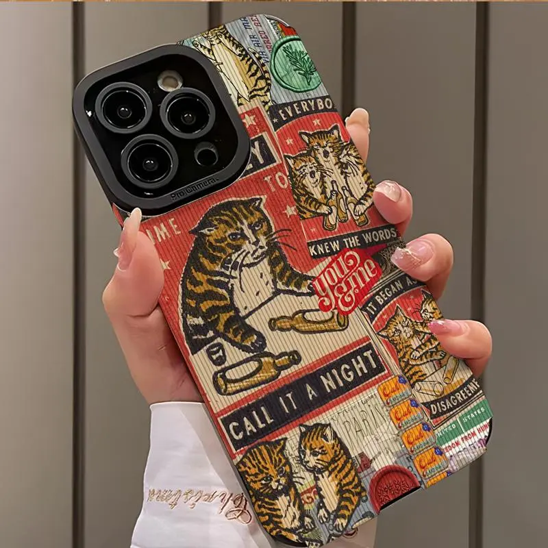 Vintage Cartoon Cat Fight Design Shockproof Thin Phone Case Casing for iPhone 16/15/14/13/12/11 Plus Pro Max, Dust-Proof and Beautiful Gift for Girlfriend Boyfriend Friend