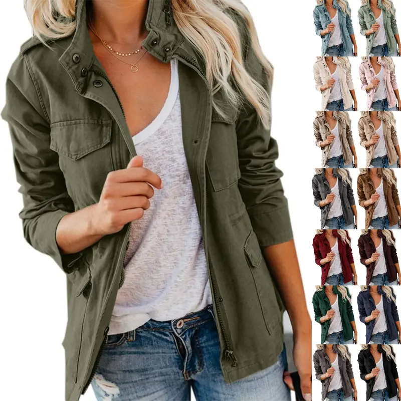 Goranbon Women's Cotton Military Anorak Jacket - Hidden Zipper Neat, Snap Button, Safari Utility Parka Coat with Pockets for Sohochic Outwear