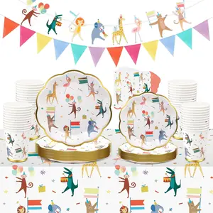 Maxdot 105 Pcs Animal Parade Theme Party Supplies, Includes 25 Disposable Paper Plates, Napkins and Cups, 3 Disposable Tablecloth, 2 Banners, Jungle Safari Animal Tableware for 25 Guests