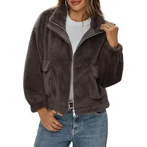 Tankaneo Womens Cropped Faux Fur Coat Fleece Stand Collar Zip Up Jacket 2025 Winter Warm Outerwear