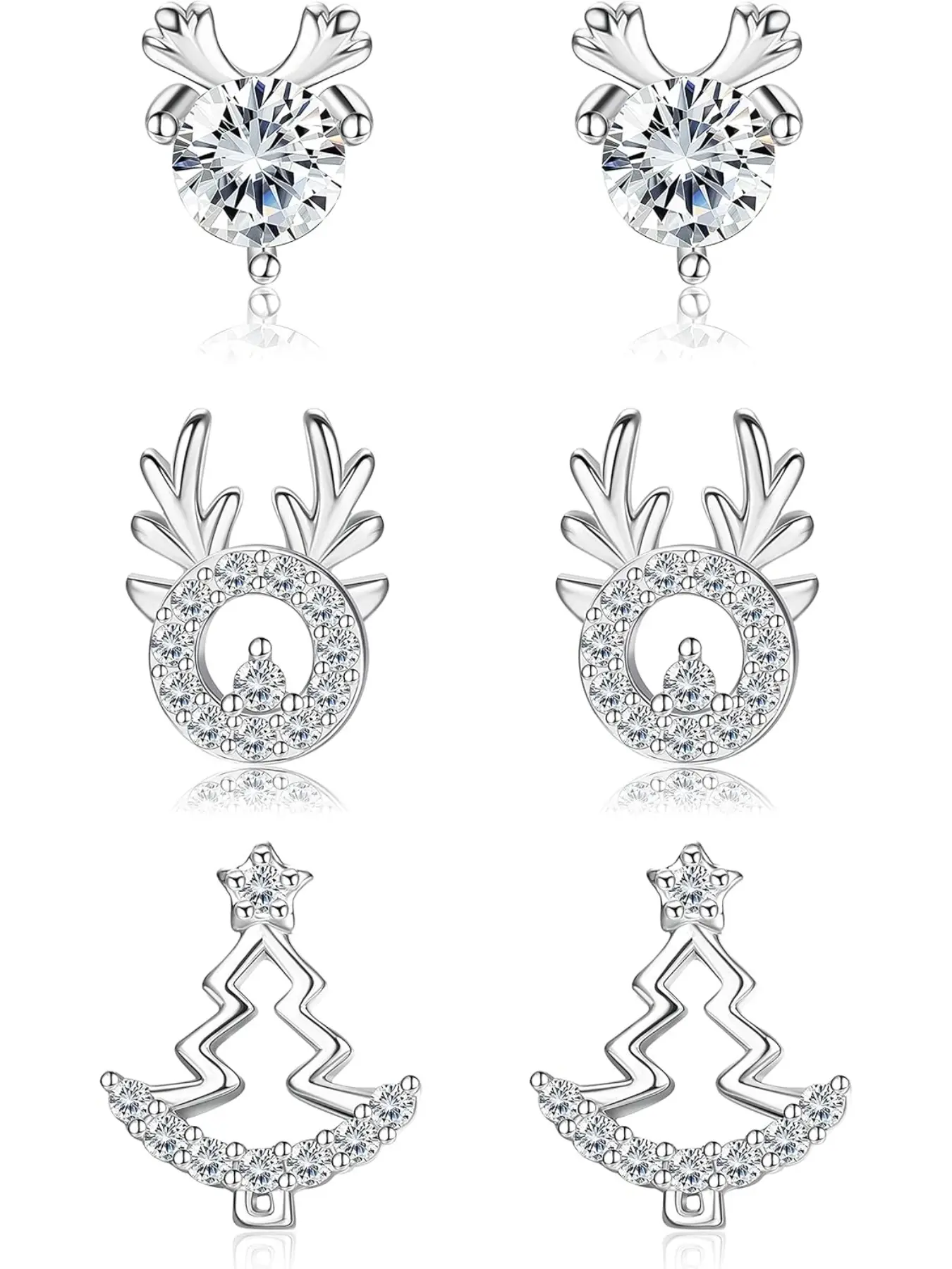 3 Pairs 925 Sterling Silver Christmas Stud Earring Set for Women - Hypoallergenic Elk Snowflake Snowman Christmas Tree Earring Thanksgiving Jewelry Gift