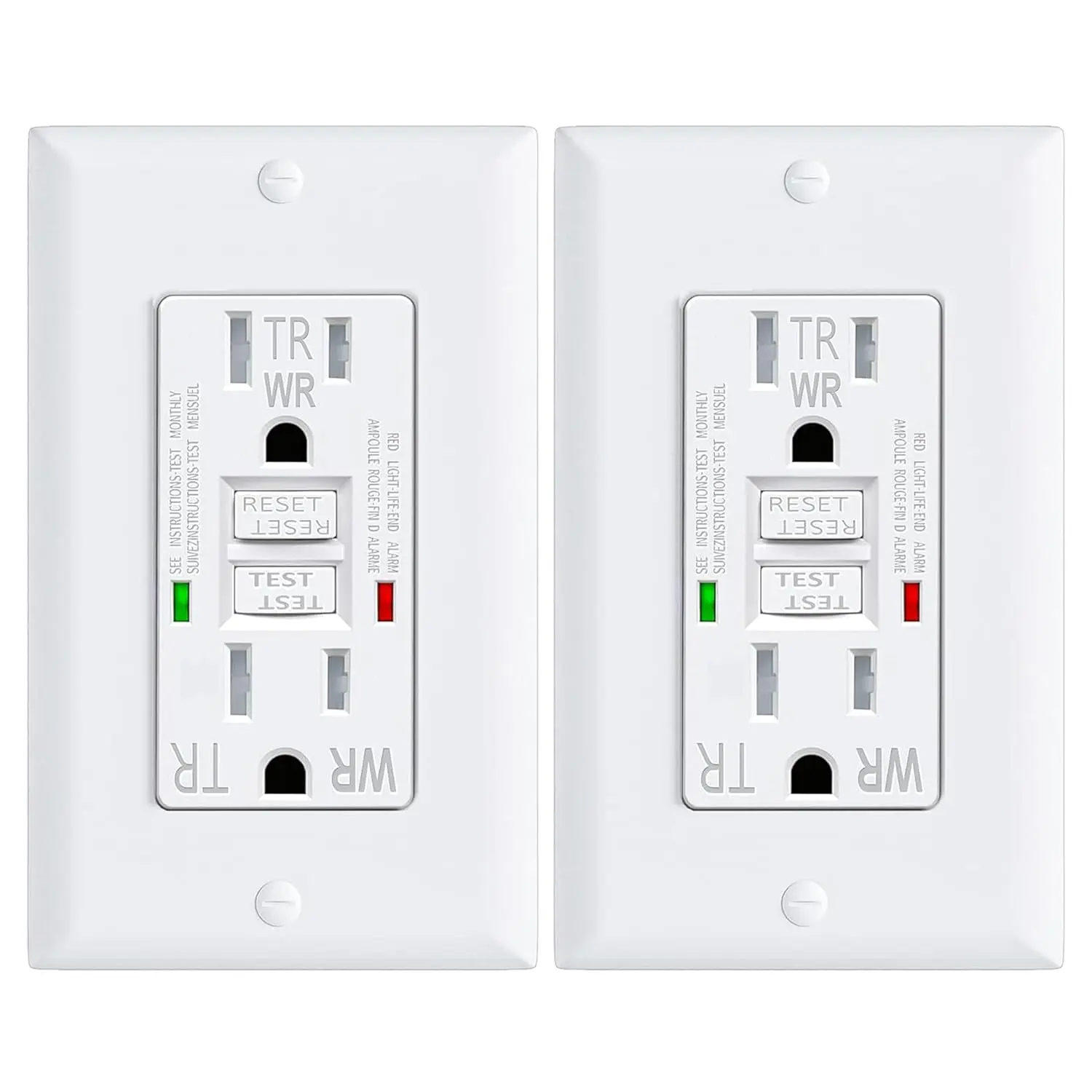 2 Pack GFCI Outlet 15 Amp GFI Electrical Outlet Outdoor Weather Proof (WR) Tamper Resistant(TR) Self-Test GFI Receptacles with LED Indicator Decoration Wall Plates White