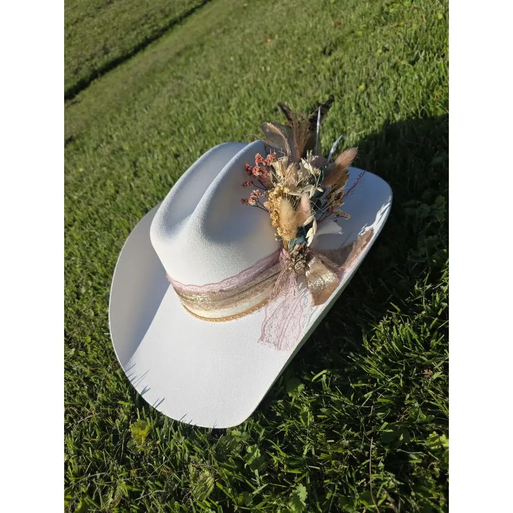 Custom Cowboy Hat - Handcrafted Western Glam Hat with Feathers & Dried Florals - Fully Customizable for Bridal or Boho Style