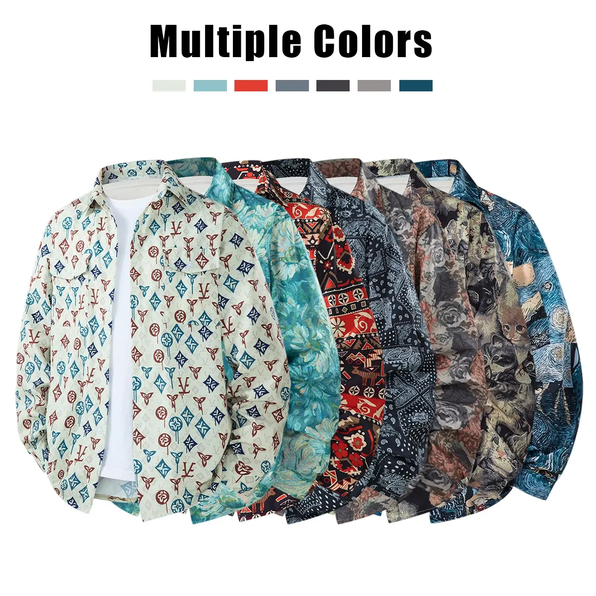 Men’s casual long-sleeve shirt, printed shirt, multiple floral patterns available, fashionable and versatile, street style, trendy pairing, single piece, men’s top, floral shirt, menswear, autumn apparel