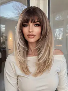 24 Inch Long Straight Wigs for Women, Gorgeous Fluffy Wigs with Bangs, Synthetic Full Machine Wigs for Party, Daily Use, Synthetic Material Wigs