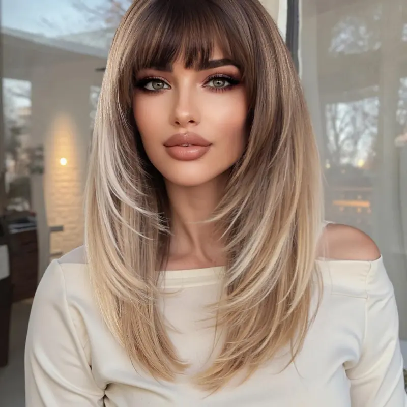24 Inch Long Straight Wigs for Women, Gorgeous Fluffy Wigs with Bangs, Synthetic Full Machine Wigs for Party, Daily Use, Synthetic Hair Wigs, Synthetic Material Wigs