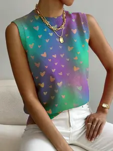 Women's Gradient Color Block Heart Print High Neck Fitted Sweater, Casual Everyday Sleeveless Knit Top for Fall & Winter, Comfortable Layering for All Seasons