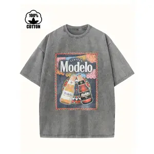 Men'S Vintage-Inspired Pure T-Shirt With Modelo Beer Print - Casual, Loose Fit, Short Sleeved Round Neck Tee, Ideal For Summer Wear, Breathable Clothingbeer Print Shirtmachine Washable