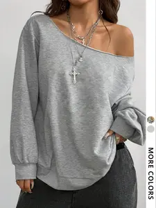 Women's Plain Off The Shoulder Sweatshirt, Casual Street Fashion Long Sleeve Pullover for Daily Wear, Ladies Spring Clothes