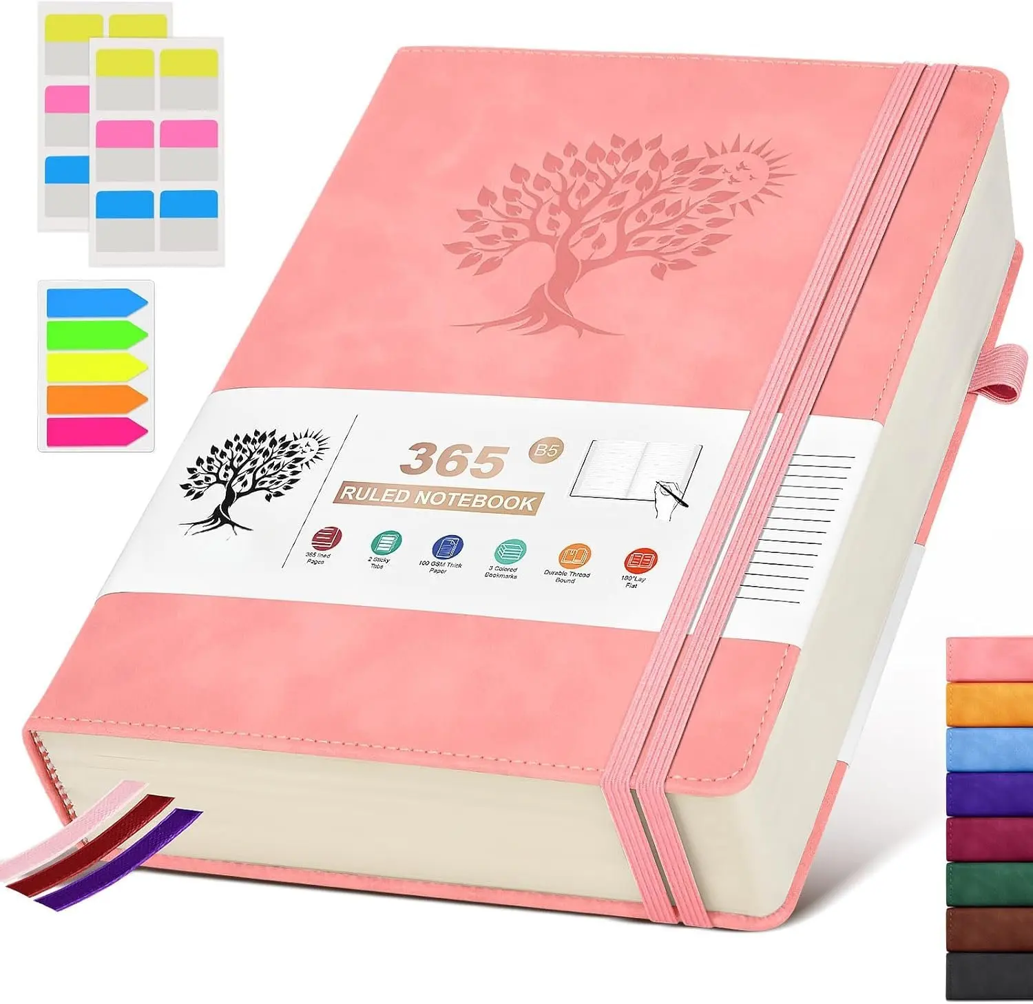 B5 Lined Hardcover Leather Journal Notebook - 365 Pages 100Gsm Thick Paper, 7.6"x10.3", 180°-Lay Flat, 3 Colored Ribbon Bookmarks, 3 Sticky Labels, Built-In Pocket, Portable Notebook for Women, Office/Student Supplies