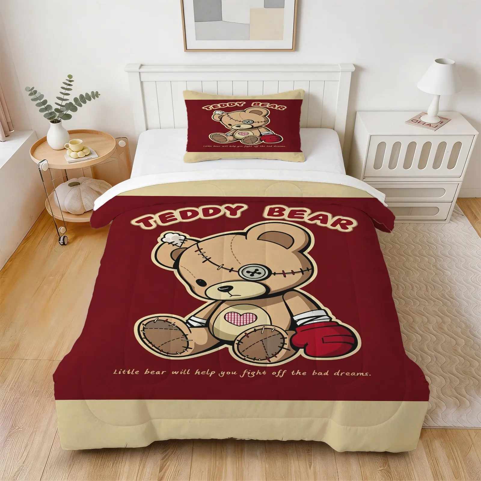 Retro Grunge Style Teddy Bear Comforter Set, 1 Comforter with 1/2 Pillowcases, All-Season Bedding for Bedroom, Dorm & Guest Room, Decor for Teens & Boys