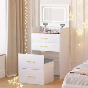 3 in 1 Hidden Vanity with Flip Top Mirror,Small Make Up Vanity Set with Visible Glass Desktop,Compact Makeup Vanity with 3 Drawers,Fold-Up Panel,Cushioned Stool,Dressing Table for Small Space Bedroom