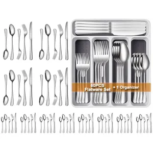 60-Piece Silverware Set with Organizer, Suitable For 12 People In The Family Kitchen. Stainless Steel Flatware Set ,Cutlery Utensil Sets for Home Restaurant,Tableware Set Include forks spoons and knives,Mirror Polished,Dishwasher Safe