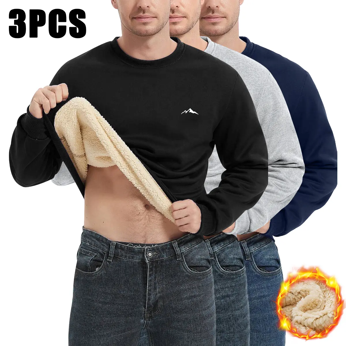 JOGWAVE Men’s Fleece-Lined Plain Crewneck Long-Sleeve Pullover Sweatshirt, Thick Material Keep Warm Mens Basics Regular-Fit Solid Color Casual Top, for Everyday Wear & Commuting