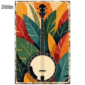1pcs Iron Sheet Painting Decorative Painting Wall Decoration GiftVintage Rusted Metal Banjo Art Print - 2D Flat Pattern with Vibrant Leaf Design, Retro Nostalgic Decor for Music Lovers, Perfect for Home or Studio Wall Art8*12INCH