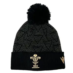 Wales 24/25 Black Pom Pom Beanie by Macron