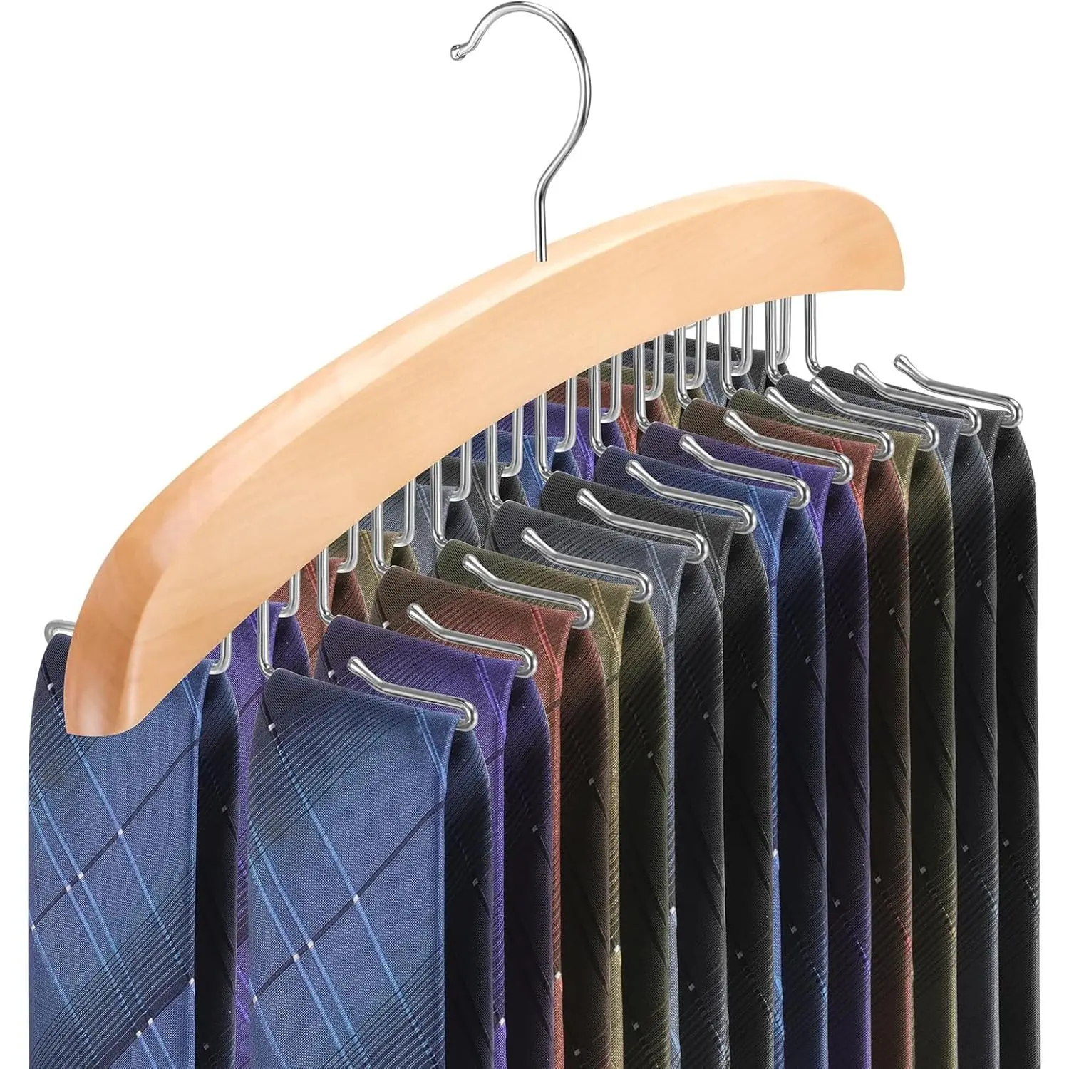 Tie Rack Hanger for Closet,360  Rotating Tie Holder Organizer with 24 Folding Hooks,Wooden Men's  Tie Organizer Storage for Belts  Tops Scarves