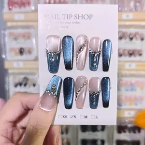 Elegant Blue and Nude Handmade Press On Nails Art Set Long Coffin