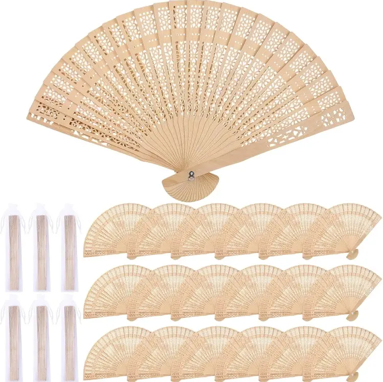 24 Pack Sandalwood Folding Fans Bulk, 7.8 Inches Wooden Handheld Fans with Organza Bags, Wedding Fans for Bridal Shower, Party Favors, Events & Gifts