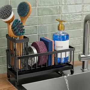 Kitchen Sink Caddy Organizer Stainless Steel Sponge Holder with Brush Holder Rustproof Sink Organizer Countertop Storage Black